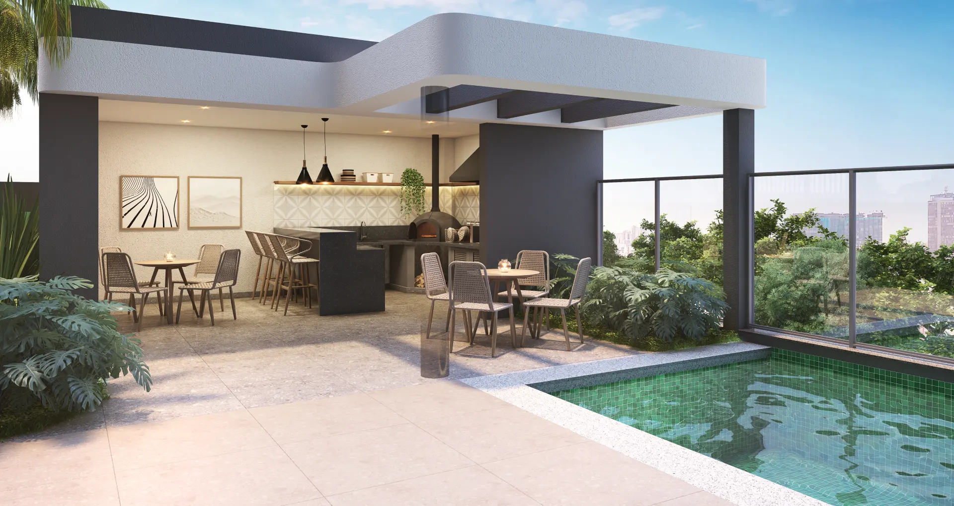 Espaço gourmet com forno a lenha e piscina