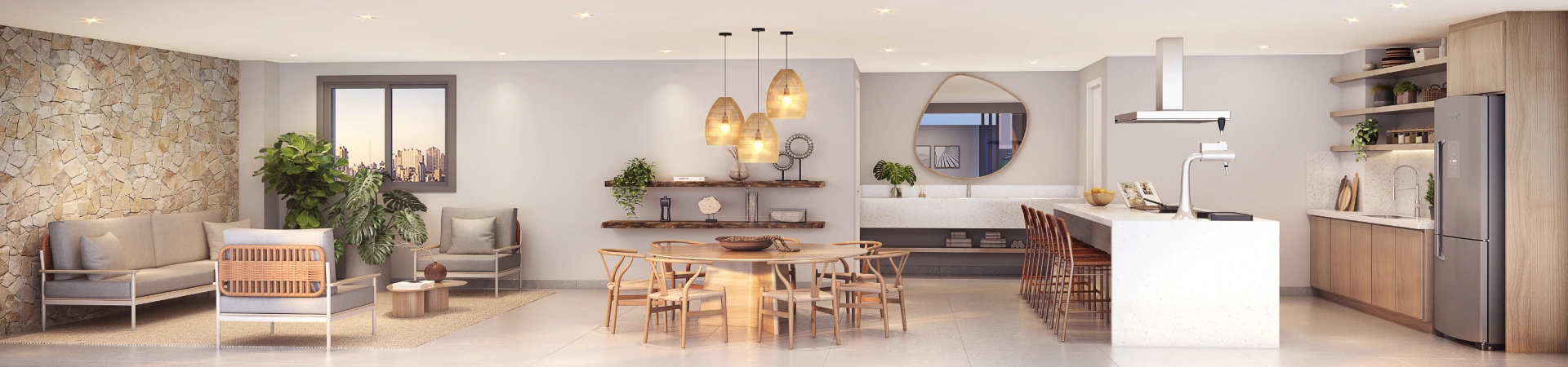Living integrado com cozinha e sala de jantar