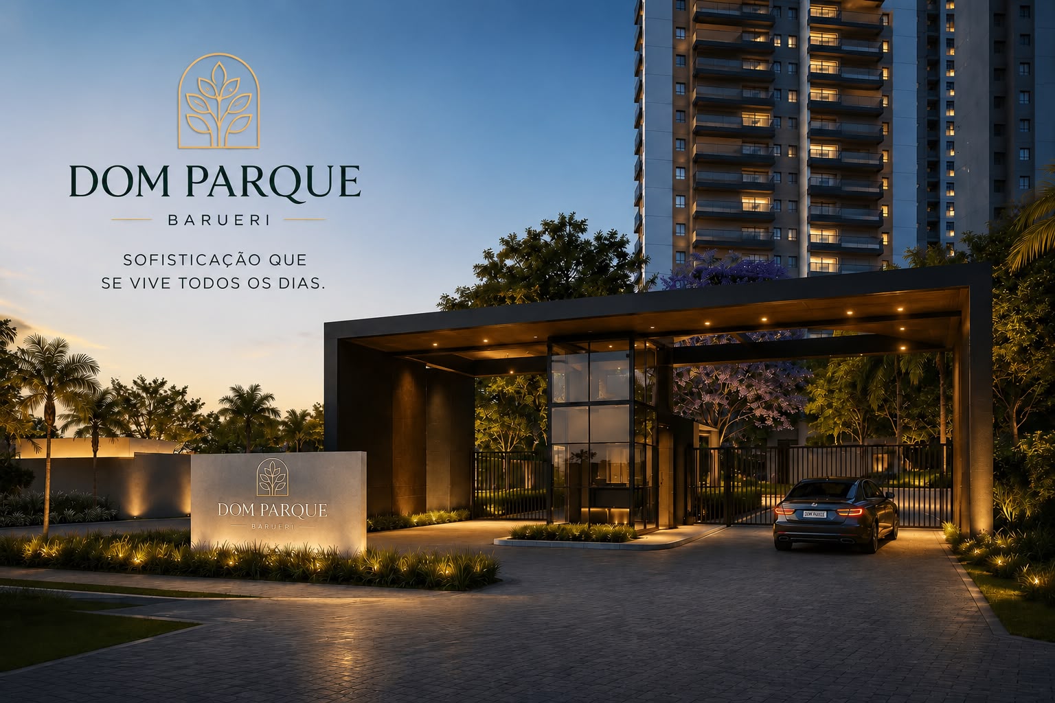 Fachada e portaria do Dom Parque Barueri ao entardecer