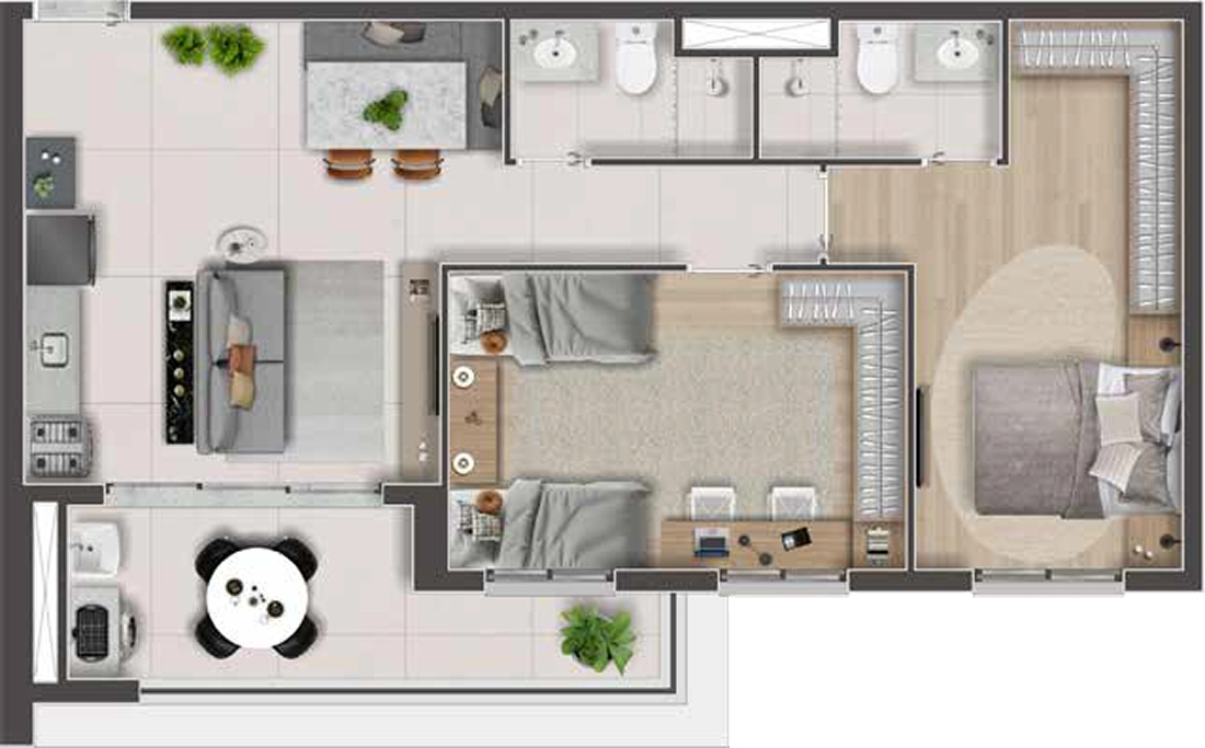 Planta ilustrativa de 68 m²