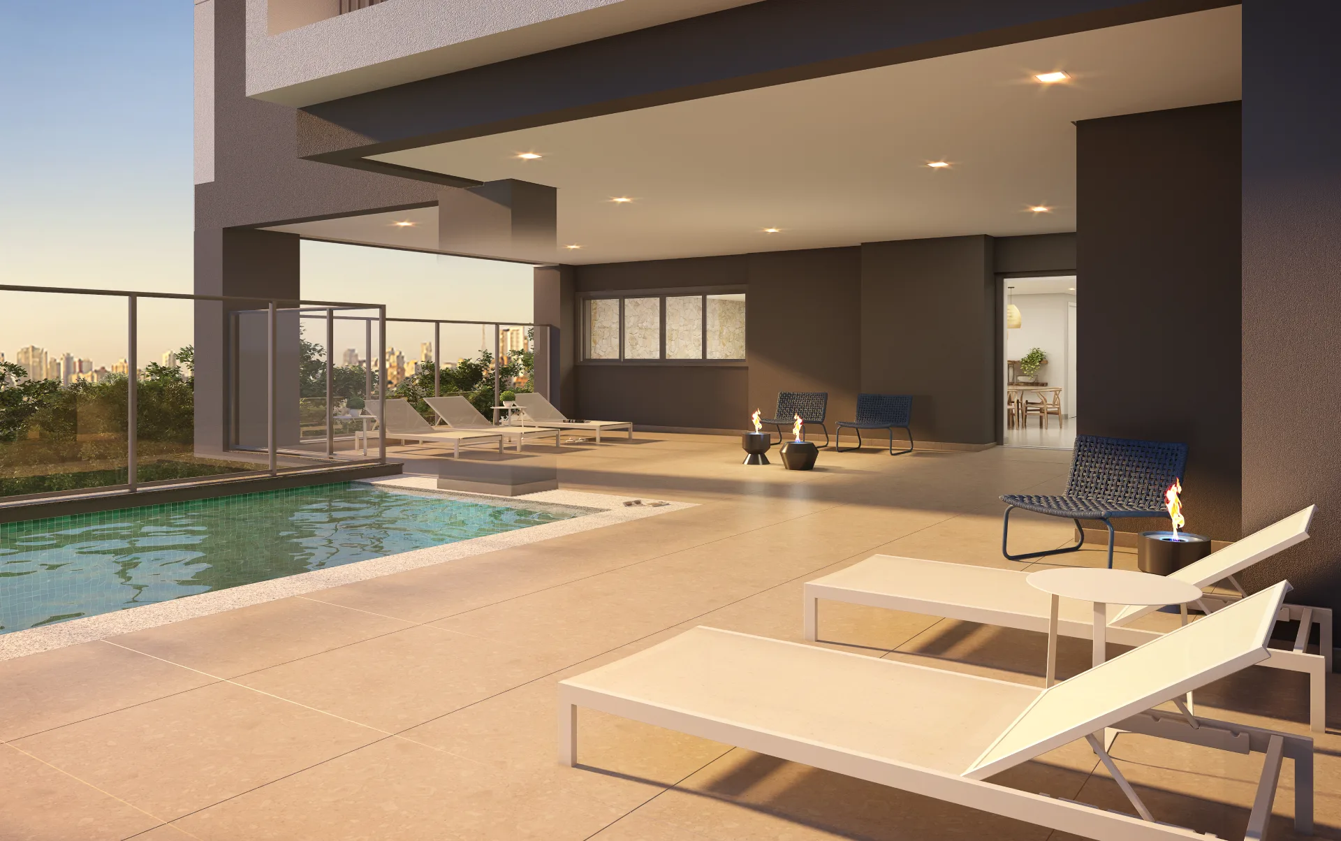 Área vip com piscina e vista para a cidade