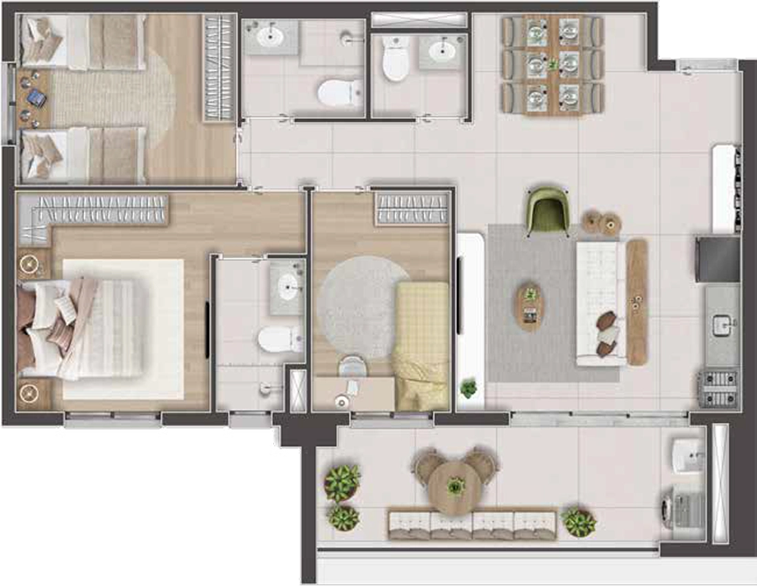 Planta ilustrativa de 77 m²
