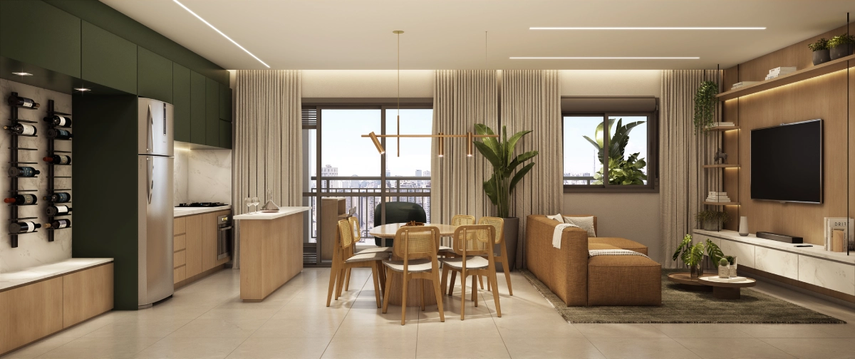 Living ampliado de 77 m² com varanda