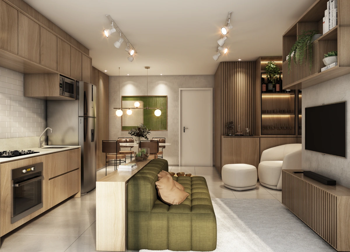 Living de 49 m² integrado à cozinha