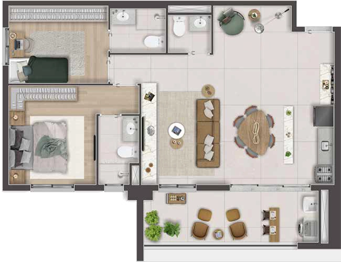 Planta ilustrativa de 77 m² living ampliado