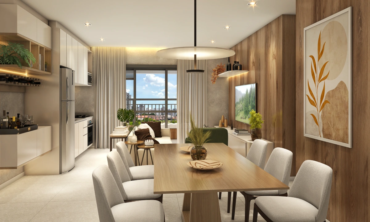 Living de 77 m² com sala de jantar para 6